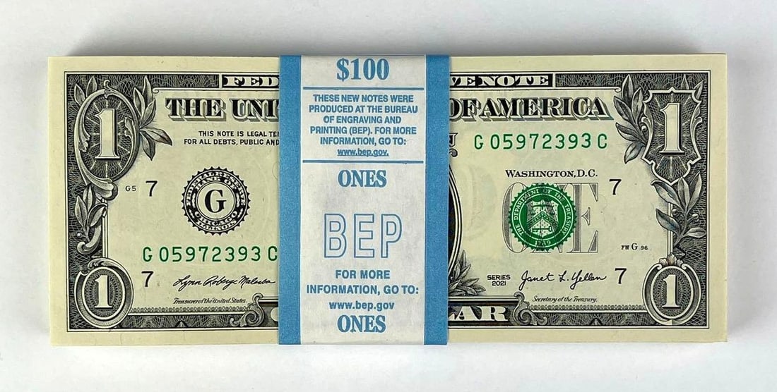 Group of 100 2021 US Mint $1 Consecutive Serial Numbered Bills: Group of 100 2021 US Mint $1 Consecutive Serial Numbered Bills