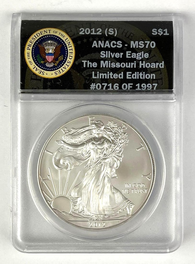 2012 S US $1 American Silver Eagle 1 oz .999 Fine Silver ANACS MS70: The Missouri Hoard, Limited Edition 716/1997