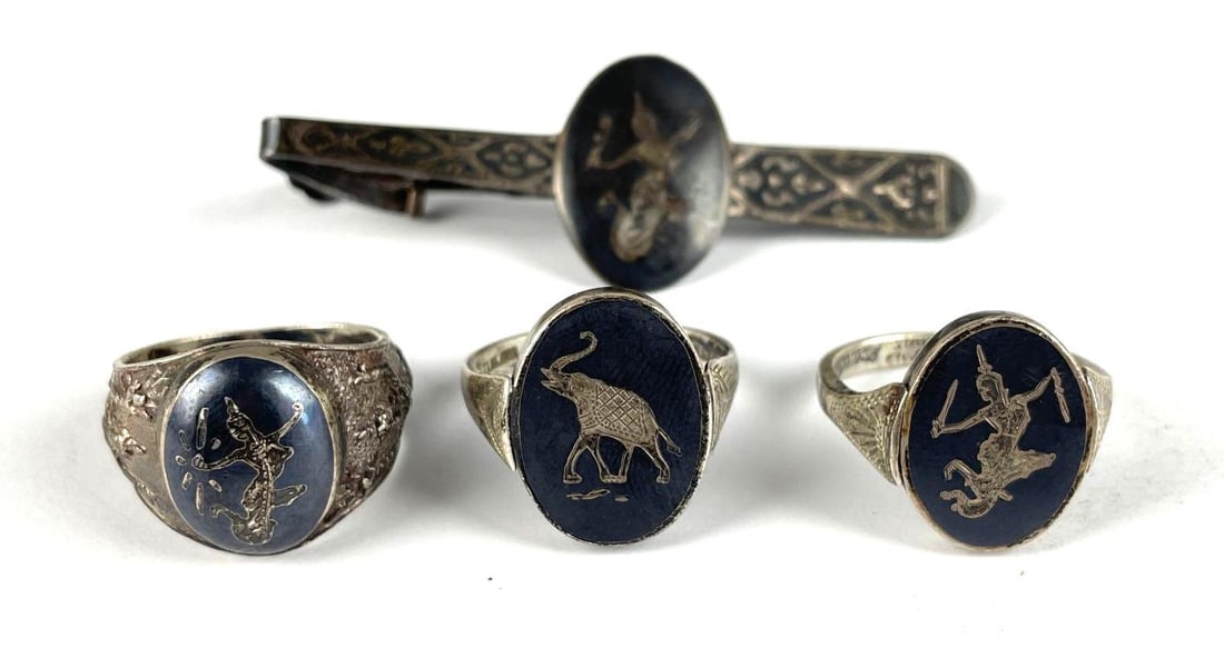 Group of Sterling Silver Siam Nielloware Rings and More: Includes tie clip, 2 flip rings, one with Masonic symbol, rings size 10 - 11