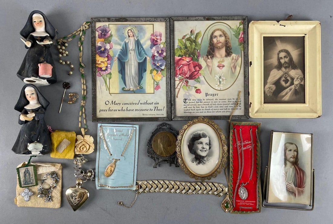 Group of Religious Items and More: Includes costume jewelry, Napco nun figurines, rosaries