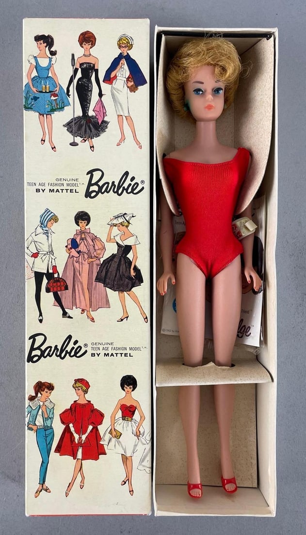 1962 Mattel Barbie Ash Blonde Bubble Cut Fashion Doll: Original box, stand, papers, earrings, stained ears