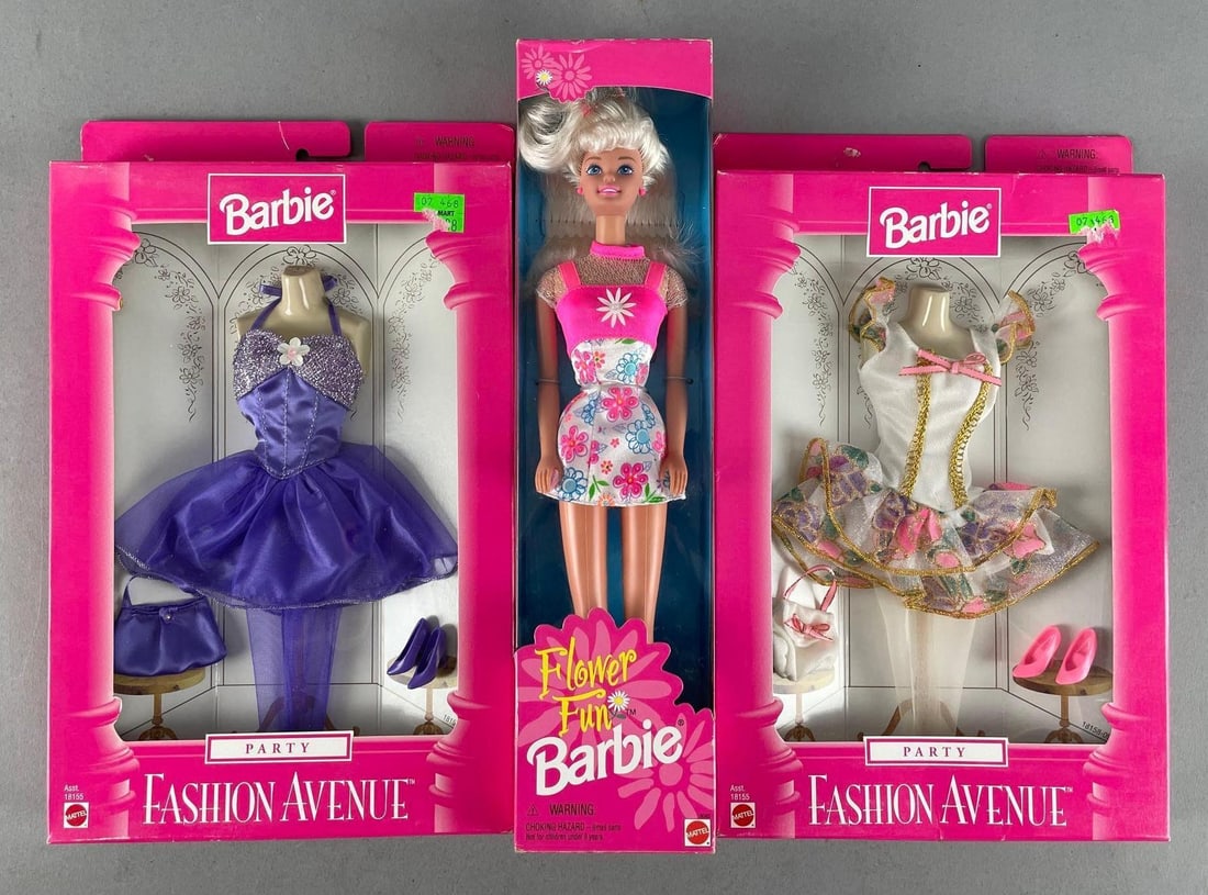 Mattel Flower Fun Barbie Fashion Doll with Outfits: Fashion Avenue party dresses, original packaging