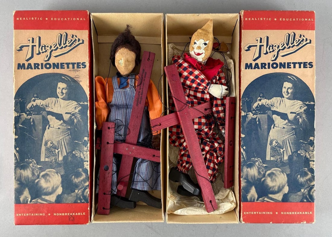 Group of 2 Vintage Hazelle's Marionettes: Includes Sambo, Teto, paint chipped on both, original packaging measures 13 3/4" x 4 3/4" x 2"