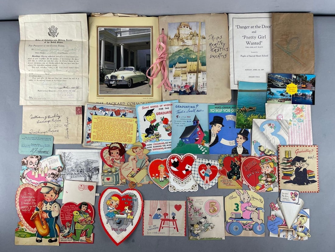 Group of Vintage Valentines and Ephemera: Includes WW1 military induction, Packard brochure , die-cuts