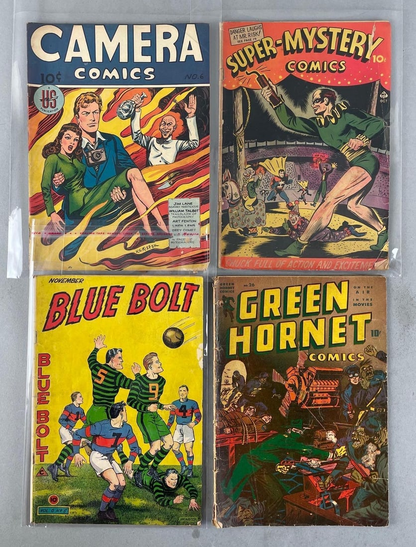 Group of 3 1940s Comic Books: Includes green hornet no. 26, super mystery, blue bolt, camera comics, golden age