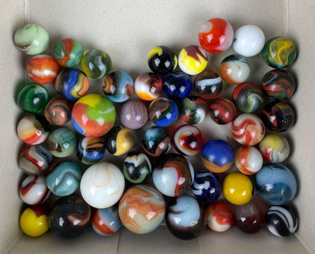 Group of 50+ Vintage Glass Marbles: Includes bumblebee style, agate, shooters, largest measures 0.96 inches