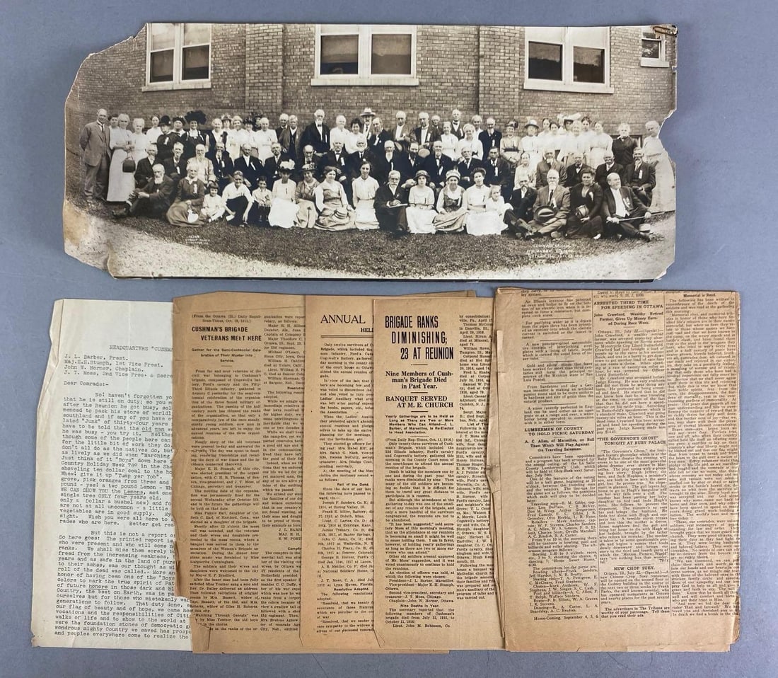 Antique Cushmans Brigade Ottawa IL 31st Reunion Photograph with Newspaper Clippings: Features newspaper clippings referencing the Ottawa Illinois Civil War cushmans brigade and a group reunion photograph, photograph measures 8” H x 19” W