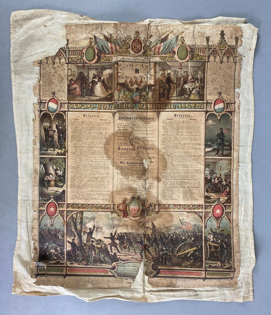 Late 1800s Company B 9th Regiment Soldiers Memorial Poster: Mounted on cloth, wear and staining throughout, cloth measures 24” H x 20” W