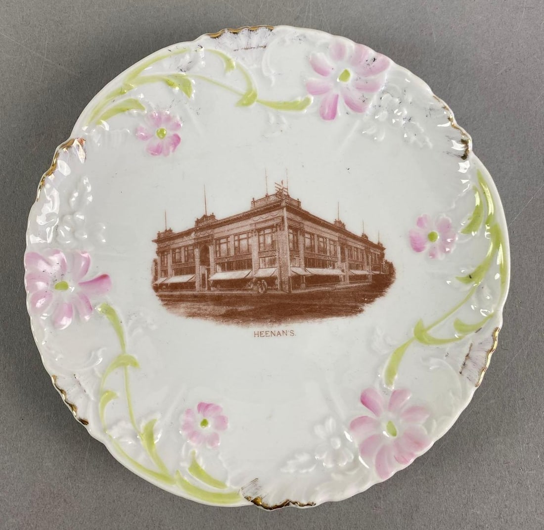 Weimar D Heenan Mercantile Co Streator IL Porcelain Plate: Made in Germany, Street view of business shown, marked on base, measures 7 1/4” In diameter