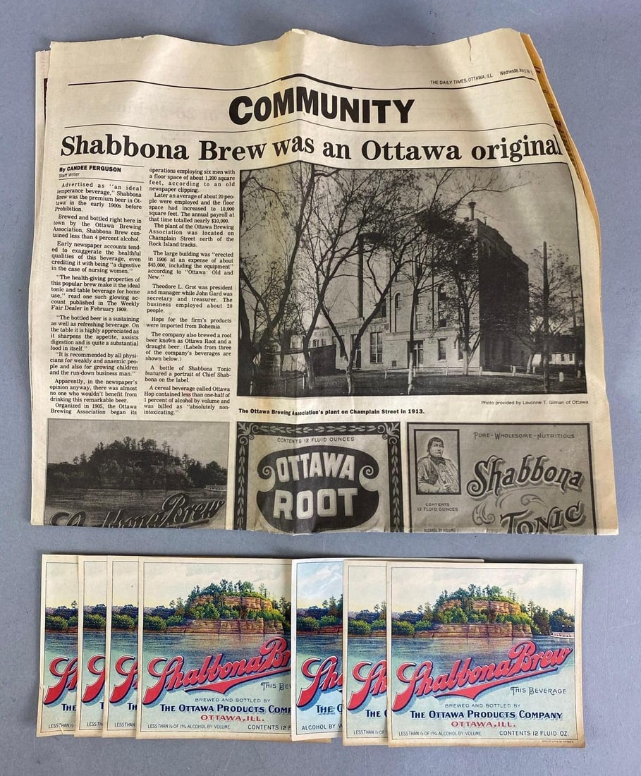 Group of Shabbona Brewery Ephemera: Includes 1994 Newspaper and 6 Paper Advertising Labels