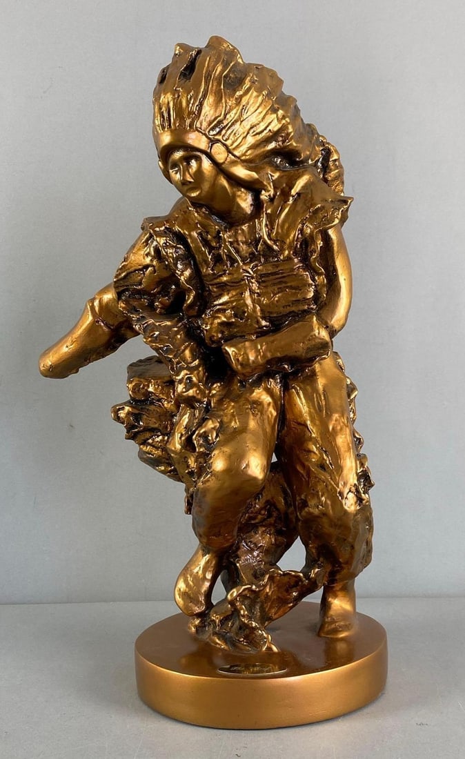 1983 Robin Faulkner Signed Chief Illiniwek Resin Figurine: signed on base, university of Illinois, measures 19” H x 11” W x 7” D