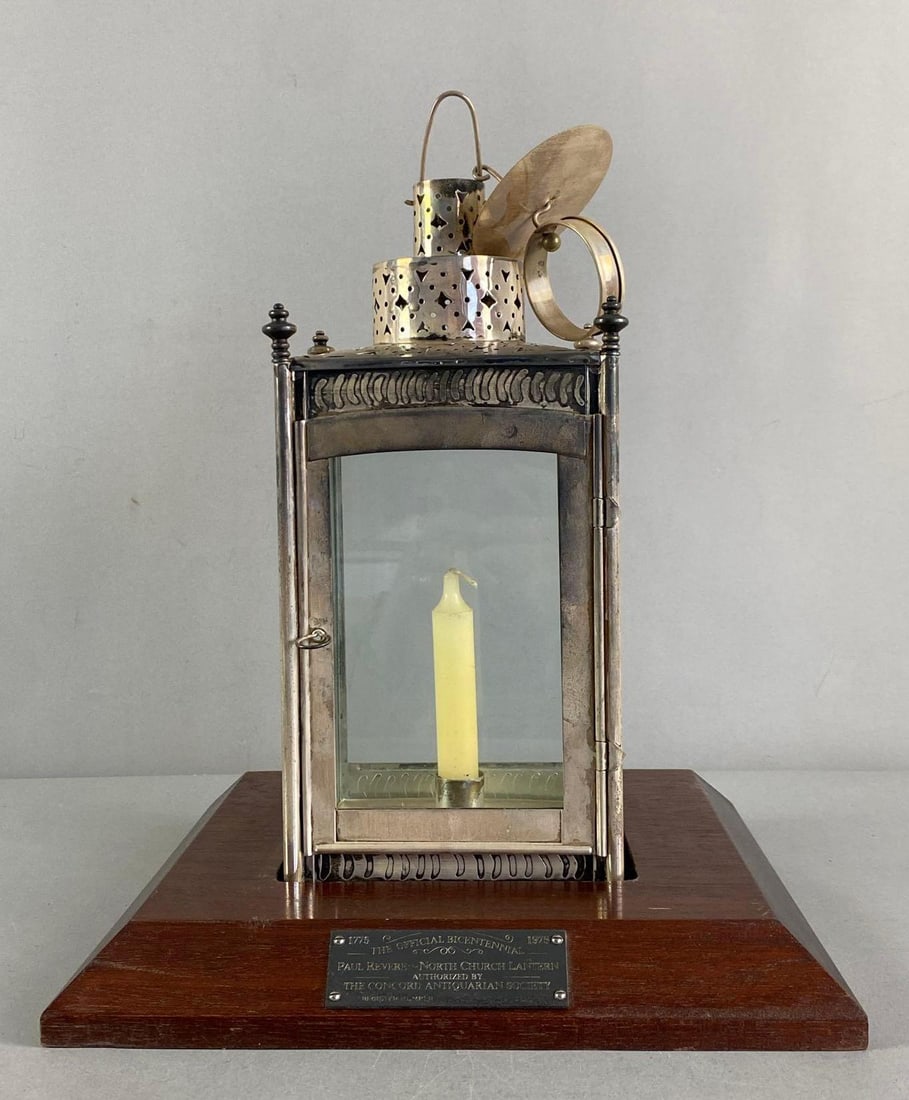 1975 Bicentennial Paul Revere North Church Lantern Silver Replica: With original serialized wood Display base, measures 14 1/2” X 12” W x 12” D