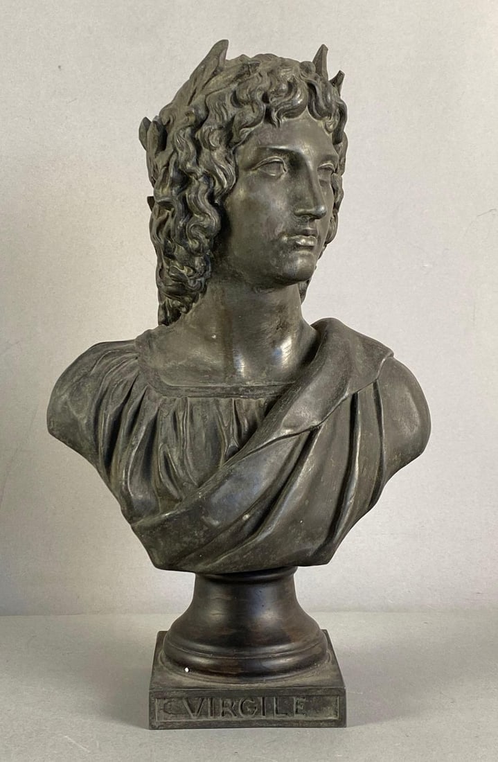 Emile Gullemin Signed Roman Poet Virgile Metal Bust: Signed under left shoulder. Measures 11 1/2” H x 7” W x 4 1/2” D