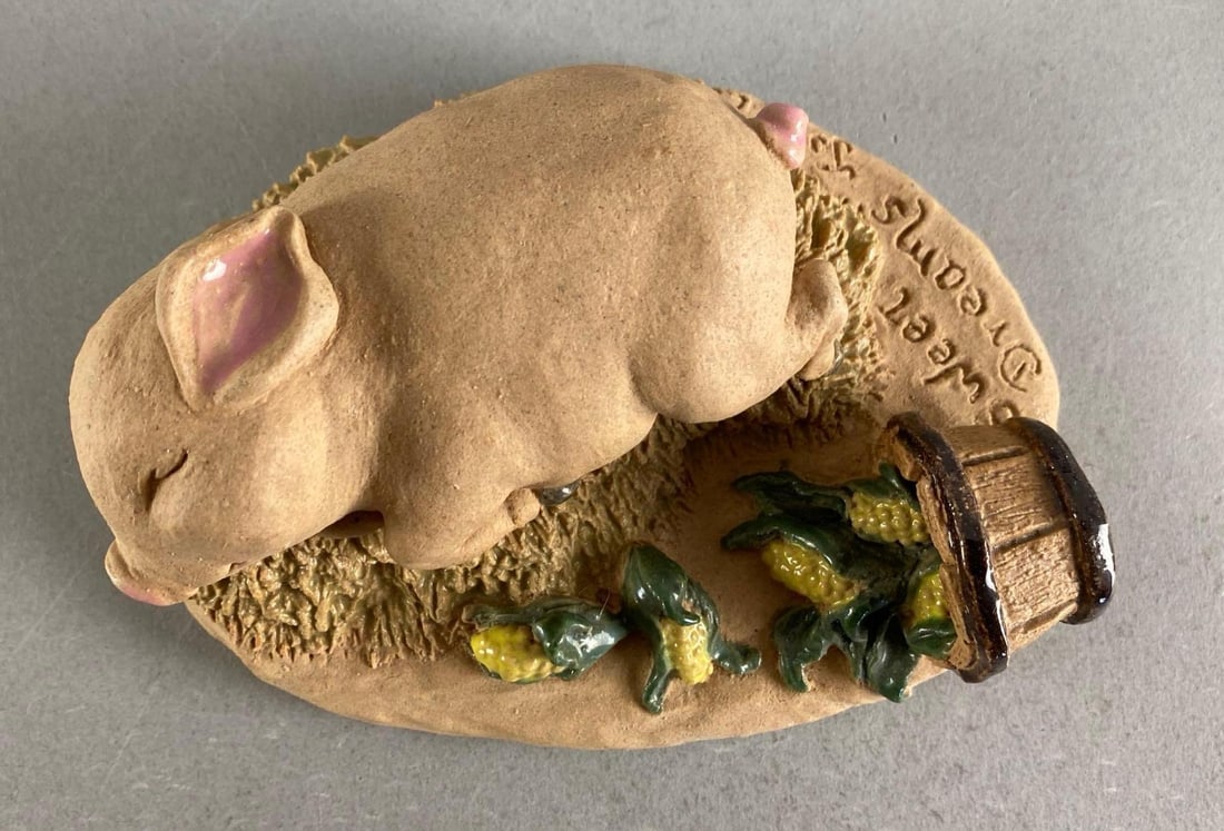 June Sears Signed Sweet Dreams Pig Pottery Figurine: Signed on base, measures 2 1/2” H x 6” W x 4” D