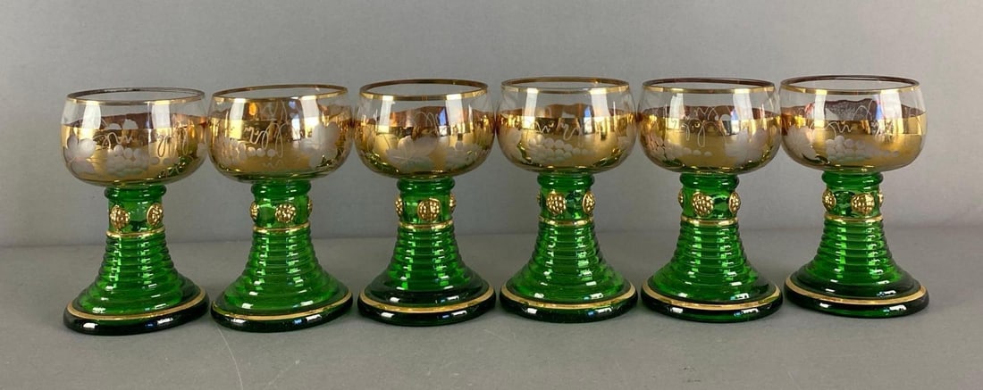 Group of 6 Roemer Grapevine Motif Glass Cordials: Made in Germany, each measures 4 1/2” H x 2 3/4” W
