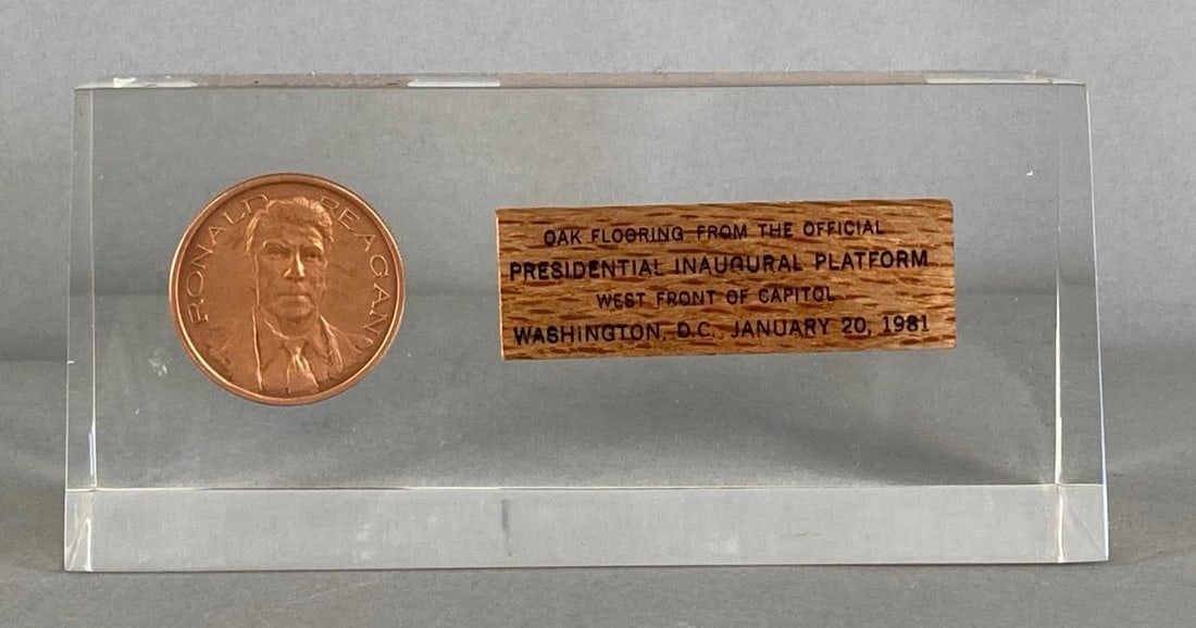 Ronald Reagan 1981 Inauguration Used Wood Plank With Bronze Coin Collectible Lucite Paperweight: Measures 2 3/4” H x 6 1/4” W x 2” D