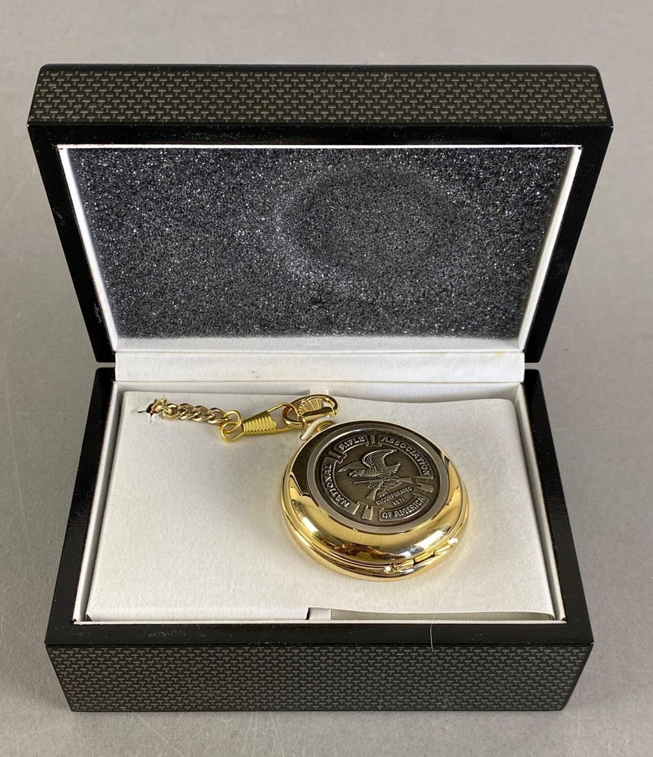 James Michael Friends of The NRA Brass Pocket Watch: Made in China, needs new battery, In original case, case measures 2 1/2” H x 5 1/2” W x 4” D