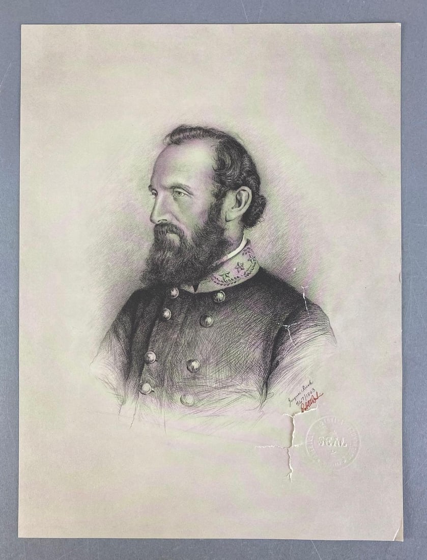Jacques Reich LE General Thomas Stonewall Jackson Print: Limited edition No. 567 of 1863, with COA, signed by the president of the American historical foundation, some tears in print shown, print measures 15 3/4” H x 11 1/2” W