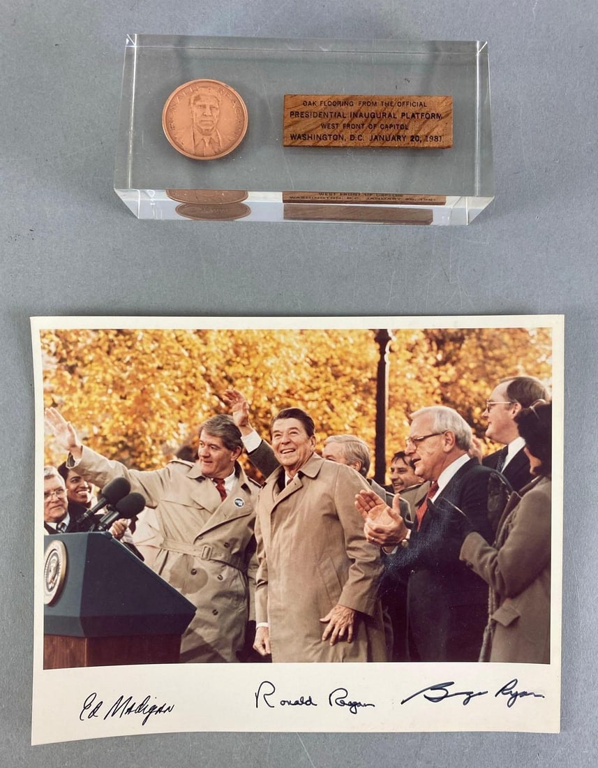 Ronald Reagan 1981 Inauguration Lucite Paperweight with Signed Photograph: Unknown authenticity, buying as is, photograph measures 8” H x 10” W