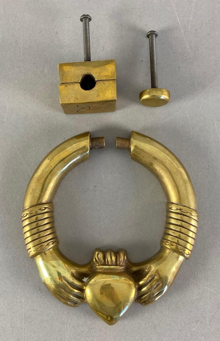 Brass Claddagh Door Knocker: with original mounting hardware, measures 7” H x 6” W