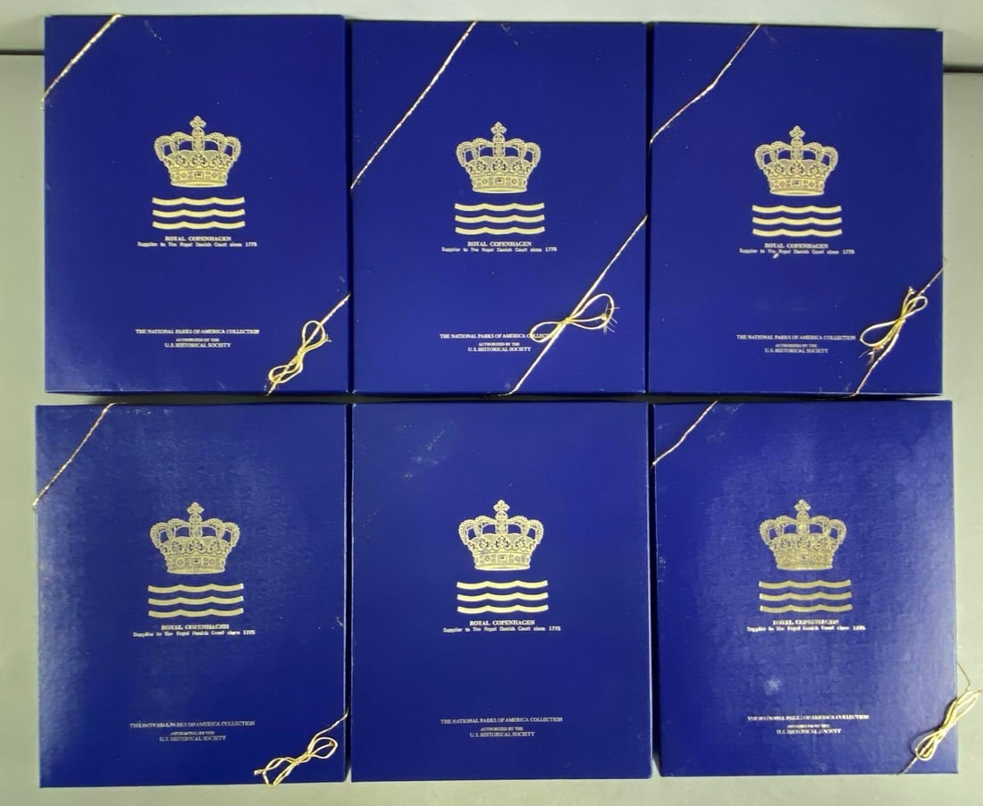 Group of 6 Royal Copenhagen National Parks of America Porcelain Plates: Includes the Everglades, Grand Canyon, Yosemite and more, Each box measures 13” H x 10 1/2” W