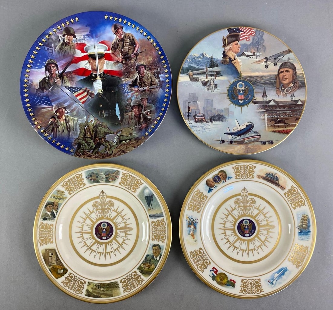 Group of 4 United States Commemorative Porcelain Plates: Includes USMC pride and annual historical plates, in original boxes, largest measures 12” in diameter