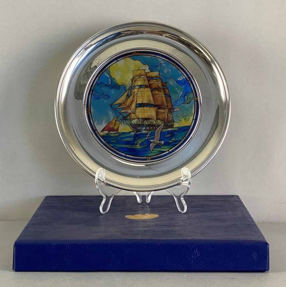 USHS 1st Edition Old Ironsides Pewter Plate: registry No. 1985, with COA, United States historical society, great American sailing ships, plate measures 10” in diameter
