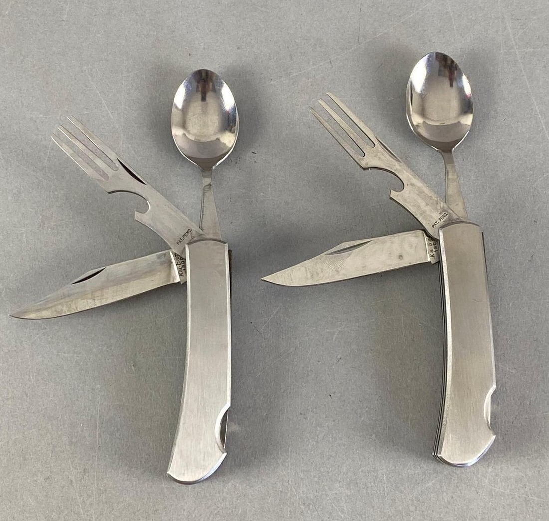 Group of 2 Ka-Bar Utensil Multi-Tools with Sheaths: In original boxes, each box measures 2 1/2” H x 6” W x 1 3/4” D