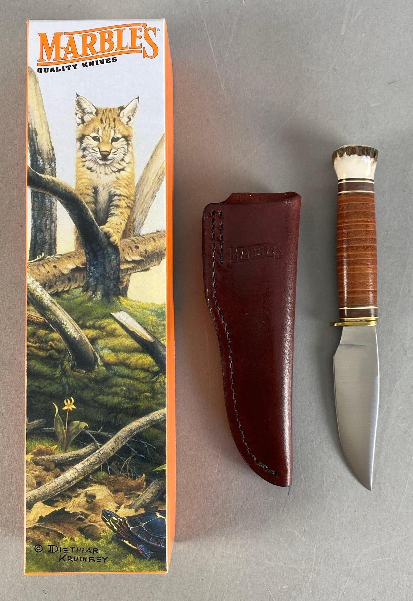 Marbles AG Lil Handy Stag Pommel Fixed Blade Knife: With original box and leather sheath, measures 7 3/4” in length with a 3” blade
