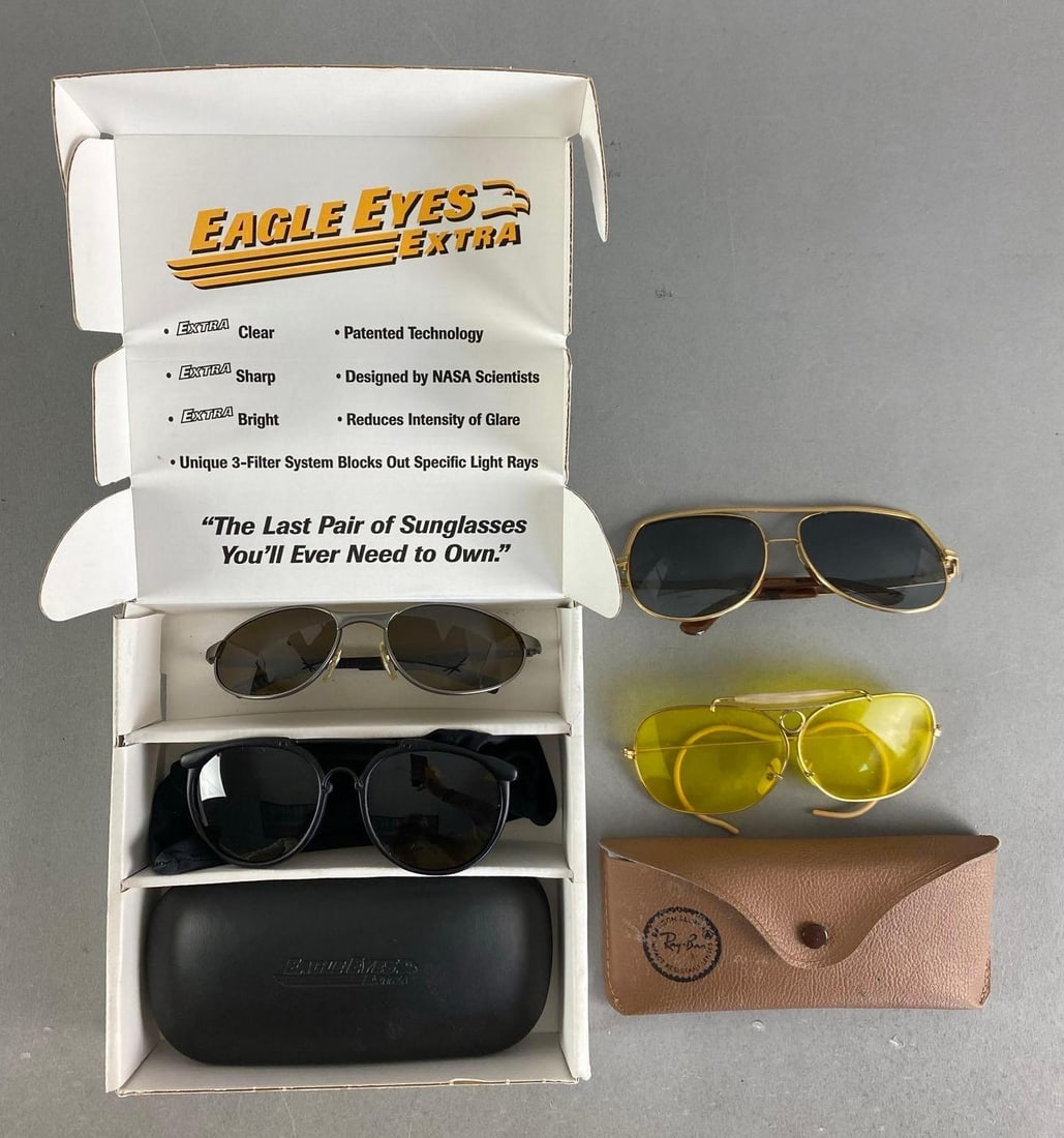 Group of 4 Sunglasses: Inclufes Rayban, eagle eyes and more, largest pair measures 5” W