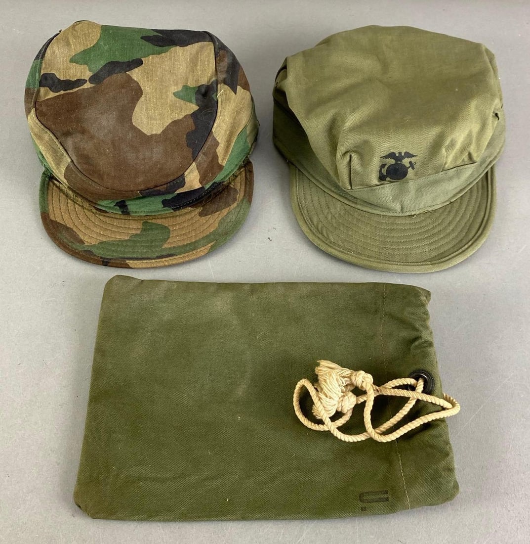 Group of US Military Hats and Canvas Bag: Bag measures 10” H x 7” W