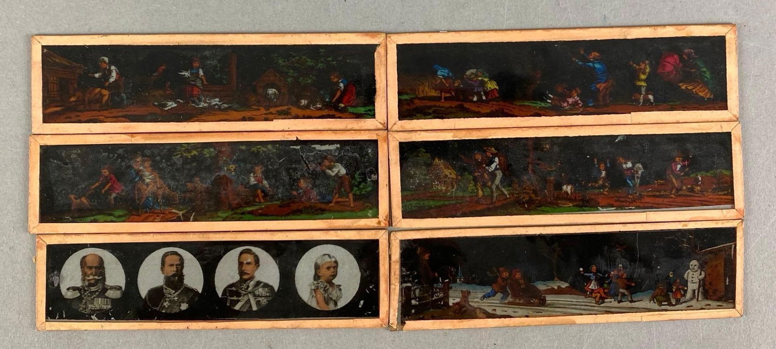 Group of 6 Antique Magic Lantern Slides: Includes Christmas, farming, animals and more, each measures 2” H x 7” W