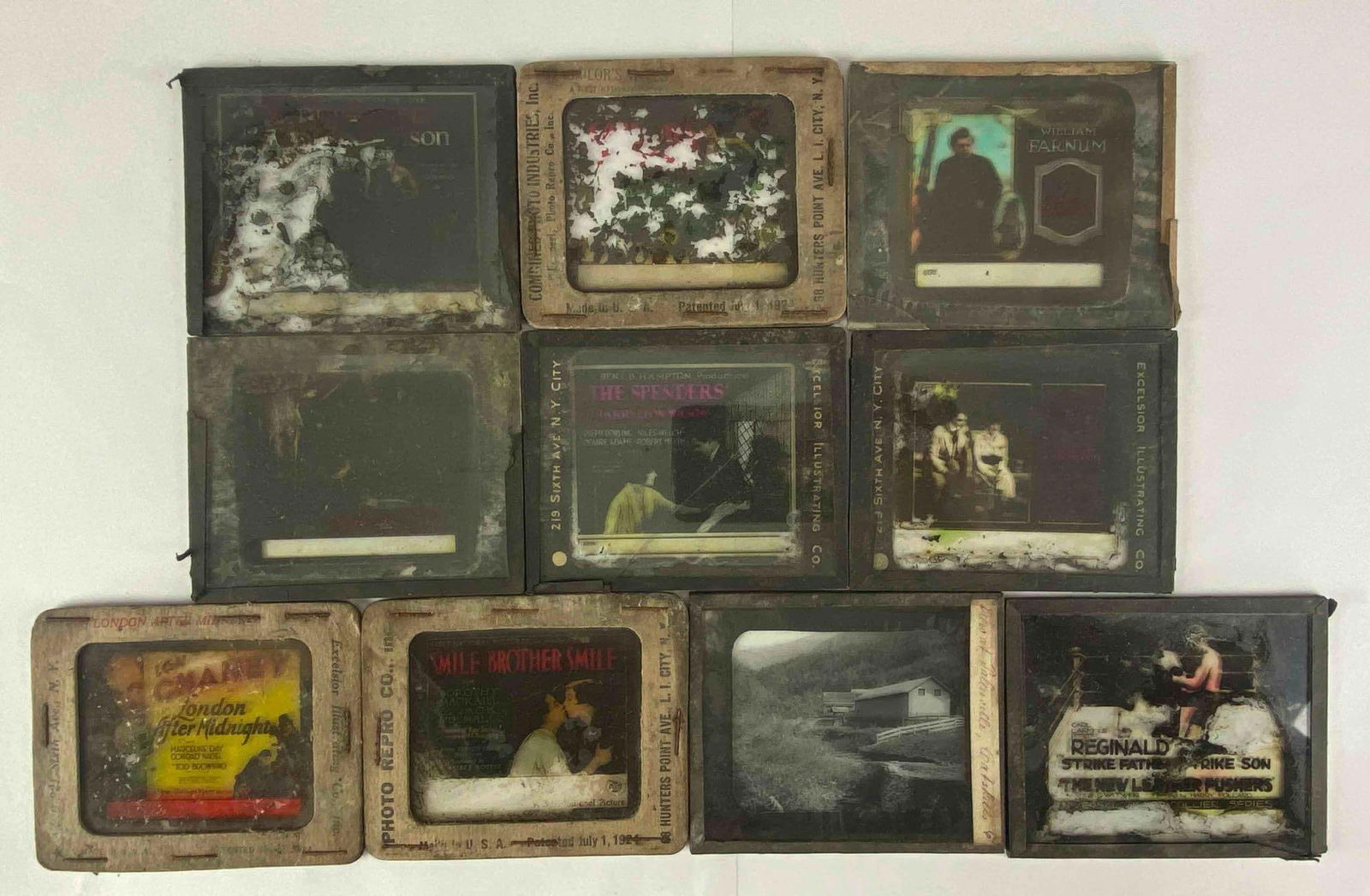 Group of Antique Magic Lantern Slides: Inclufed boxing, films and more, some paint chipping and wear shown, Each measures 3 1/4” H x 4” W