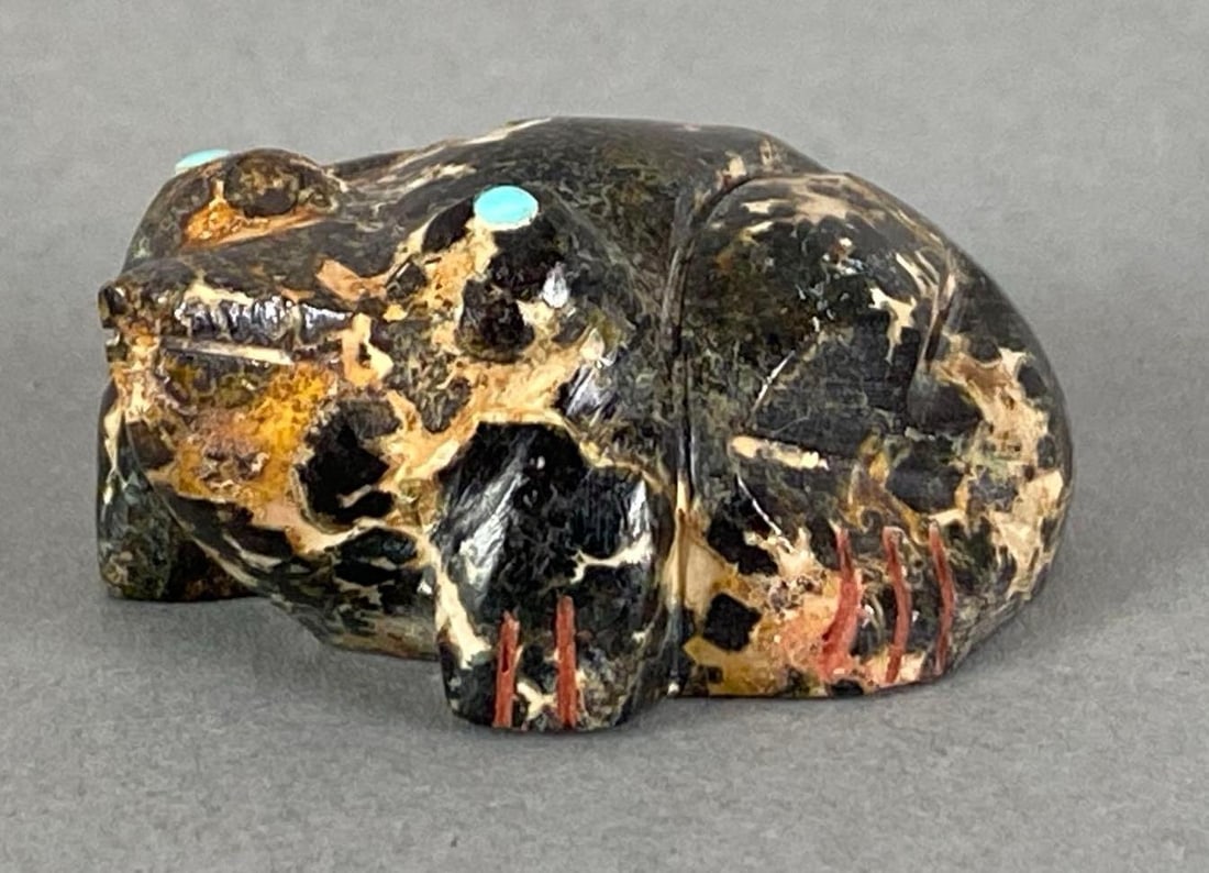 Hand Carved Stone Frog Fetish: Features Turquoise Eyes, Measures 1” H x 1 3/4” W x 1 3/4” D