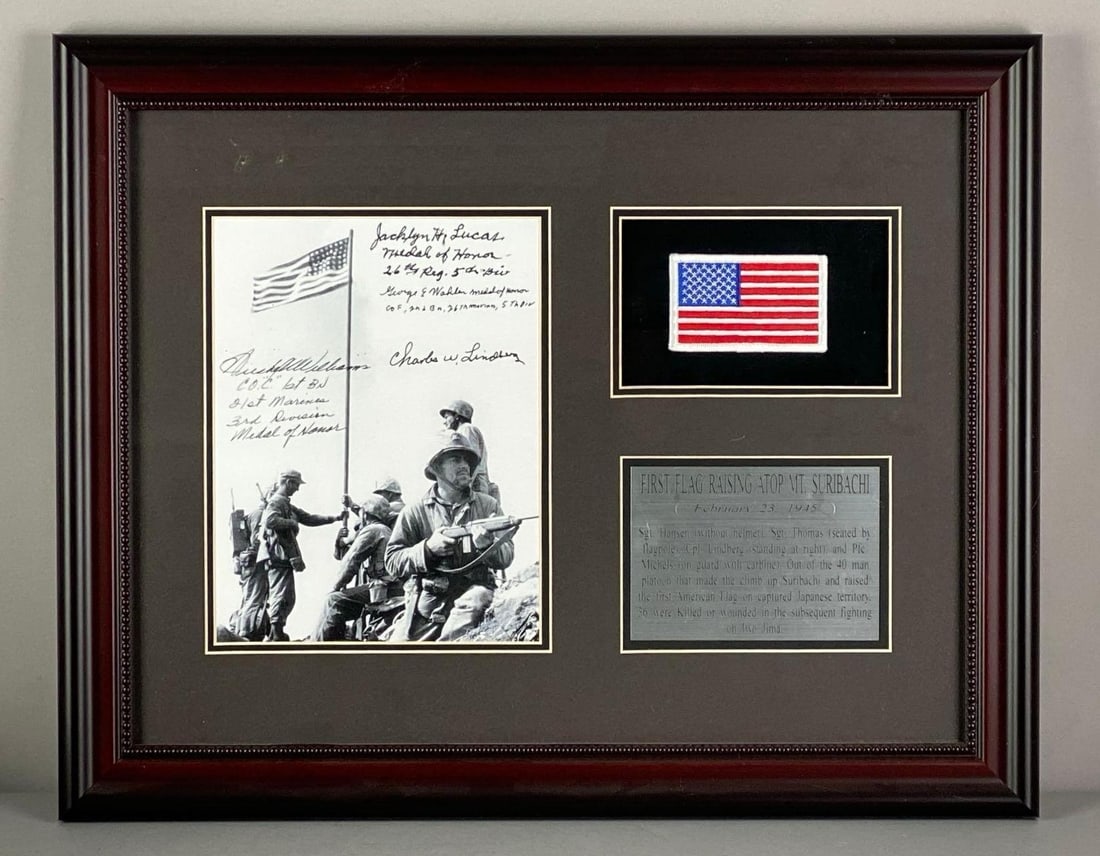 US First Flag Raising Atop Mt. Suribachi Commemorative Collage: Features patch, photograph and plaque, Frame measures 15 1/2” H x 19 1/2” W