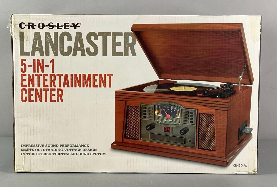 Crosley Lancaster 5-in-1 Entertainment Center Record Player: Sealed in original box, untested, box measures 12 1/2” H x 19” W x 14 1/2” D