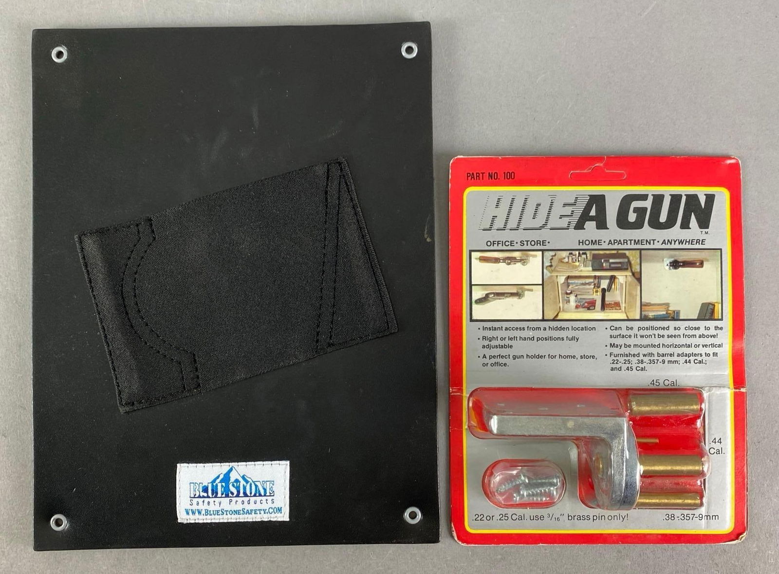 Group of 2 Hidden Gun Storage Hardware: Inclufed Blue Stone under the desk holster and HideAgun, largest measures 11” H x 8 1/2” W
