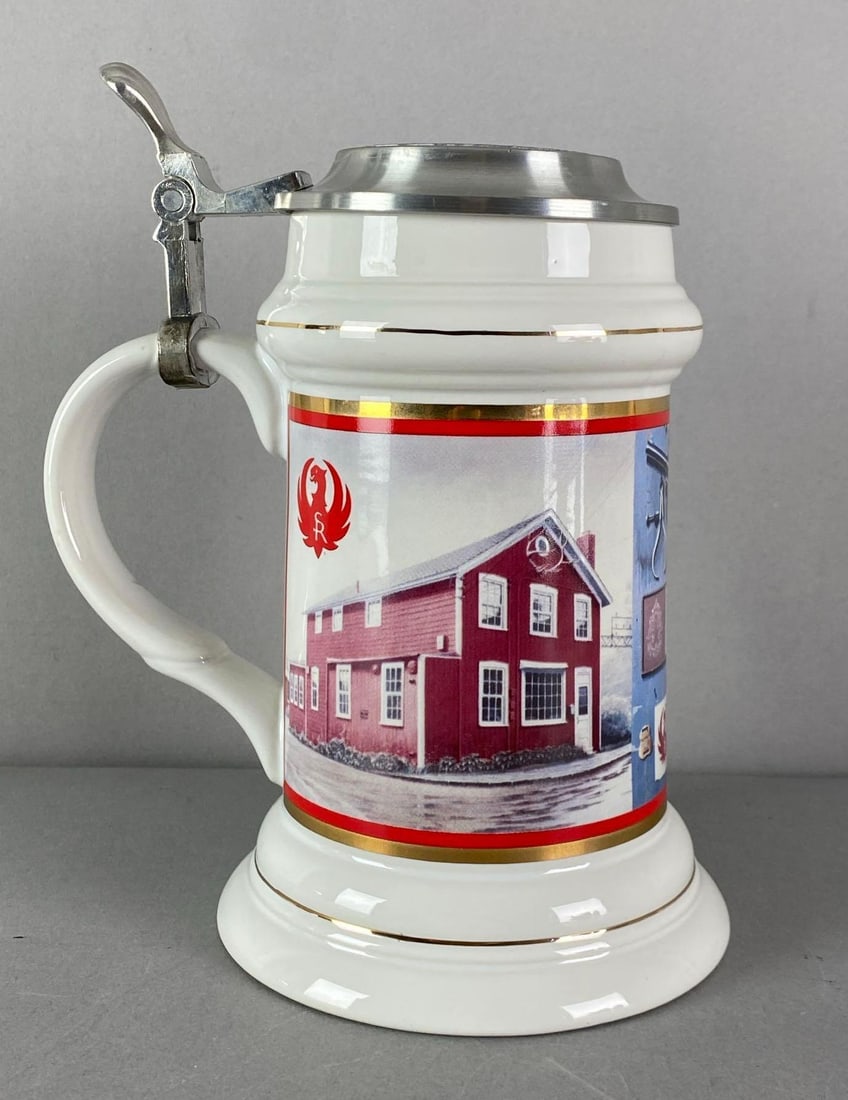 LE Ruger 50th Anniversary The Red Barn Porcelain Stein: Limited edition No. 1600 of 1600, in original box, lid slightly bent, marked on base, measures 8” H x 6” W x 4 1/2” D