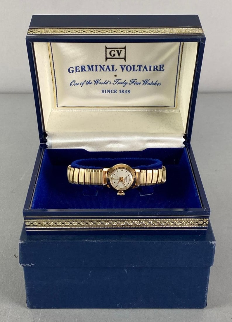 Germinal Voltaire 17 Jewel Ladies Baldwin Expandable Wristwatch: In working condition, 1/20 Golf Filled Top, in original box with COA, Watch inner circumference measures 5”