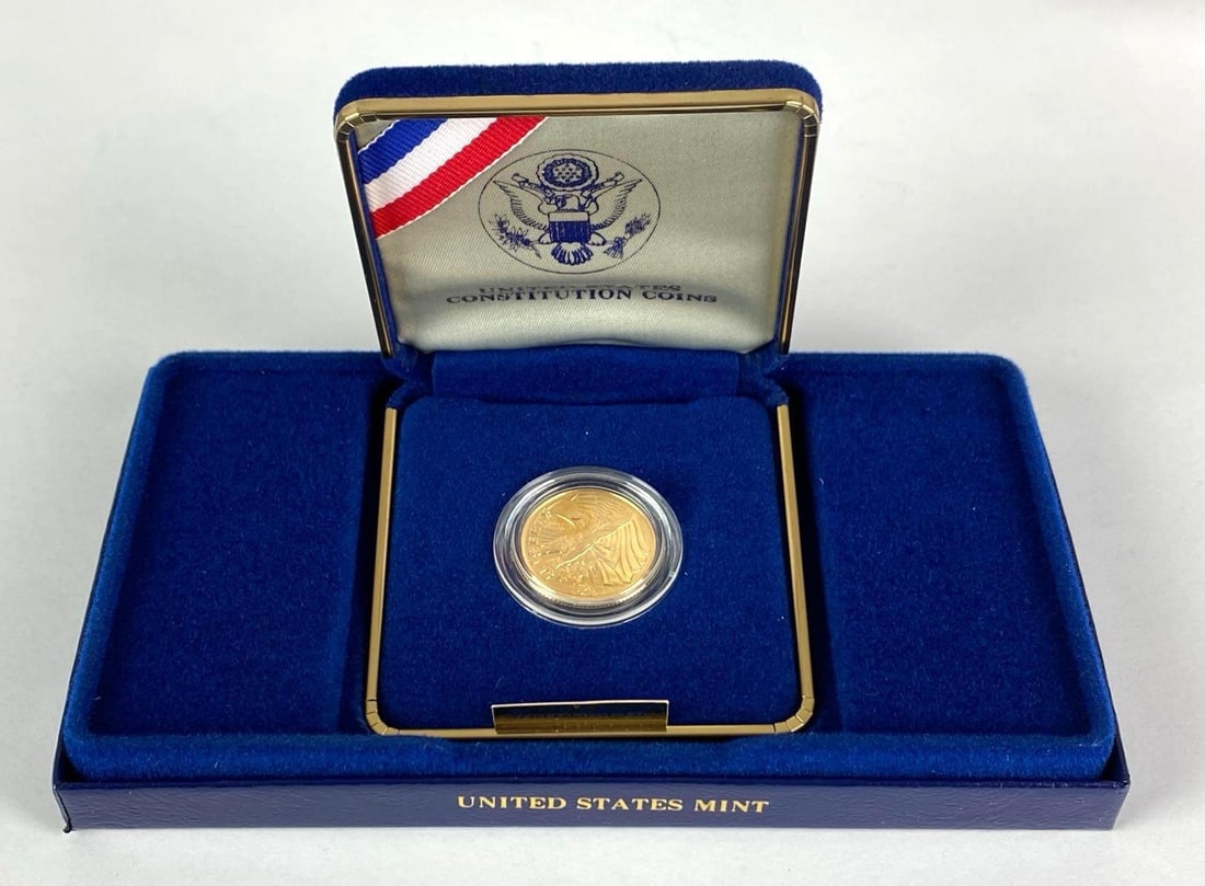 1987-W US Constitution Bicentennial $5 Gold Coin: Weighs .26 Troy Oz, .900 Pure gold, in original box with COA