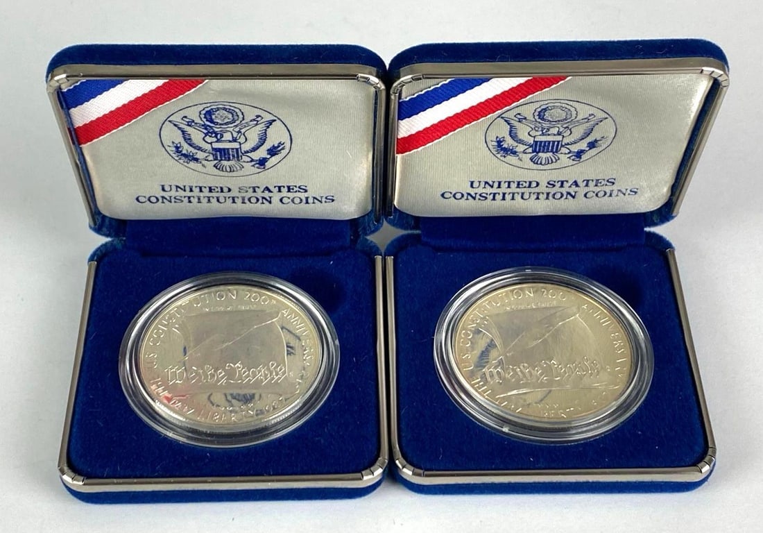Group of 2 1987-S US Constitution Bicentennial Silver Dollar Coins: Each Weighs .85 Troy Oz, .900 Pure silver, in original boxes with COAs