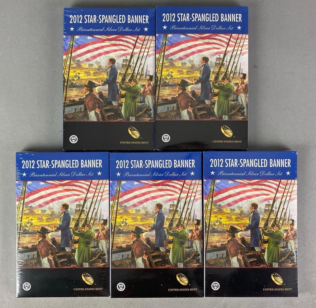 Group of 5 2012 Star-Spangled Bicentennial Silver Dollar Sets: Sealed, United States mint, each measures 8 1/2” H x 5 1/2” W