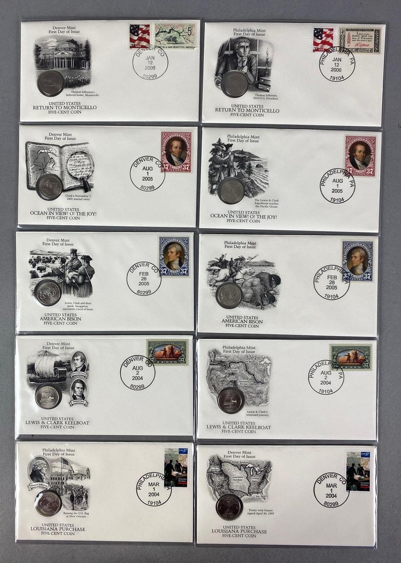 2004-2006 PCS Ten New US Five-Cent Coins Set: Postal Commemorative Society, box measures 2” H x 7” W x 4” D