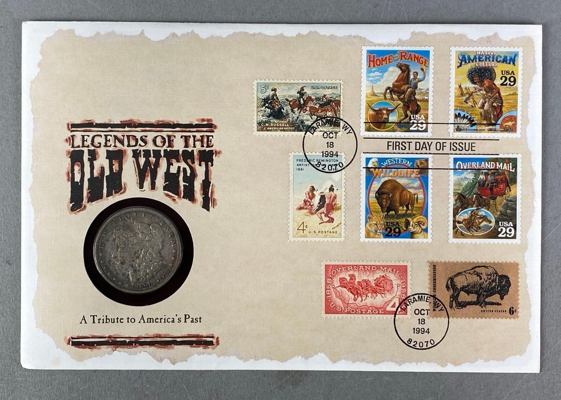 Legends of the Old West 1890 O US Morgan Silver Dollar First Day Cover: Includes 1890-O US Morgan Silver Dollar and 4 First edition stamps, measures 6” H x 9” W