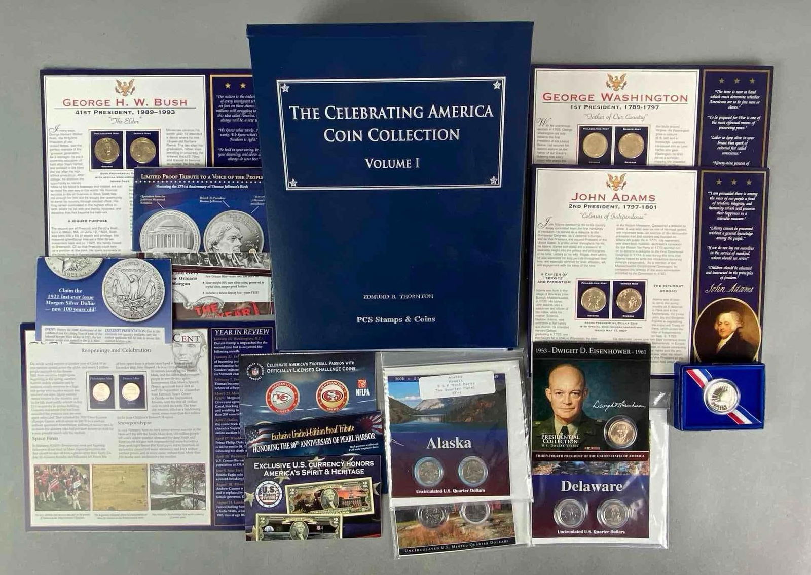 Group of Assorted Proof Coins and Reference Paperwork: Includes celebrating America coin collection, Alaska state quarter, John Adams dollar coin and more, album measures 12” H x 10” W