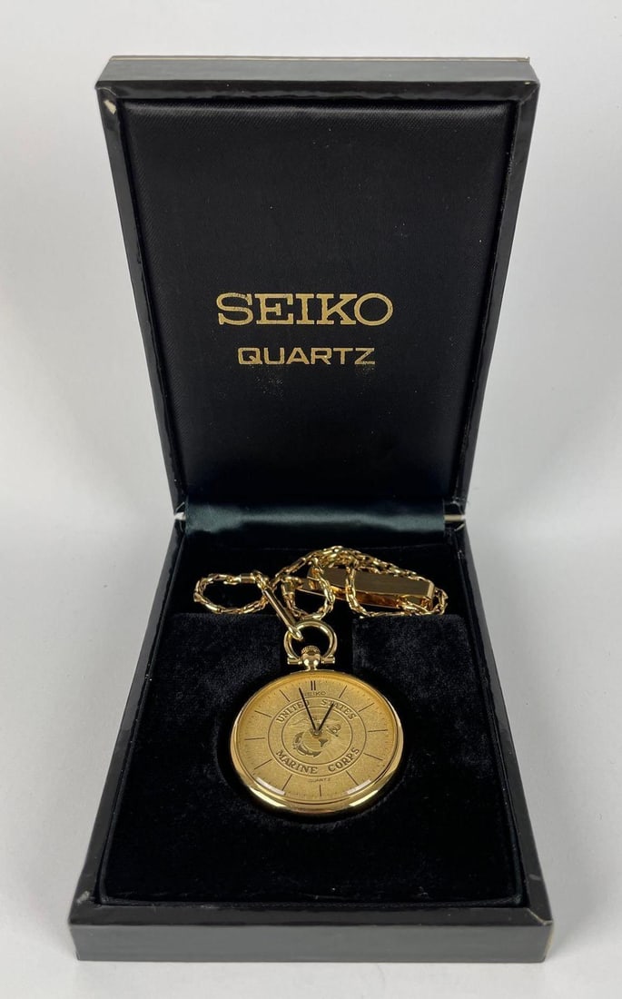Seiko U.S.M.C. Quartz Open Face Pocket Watch: 1 1/2", includes papers original box, like new