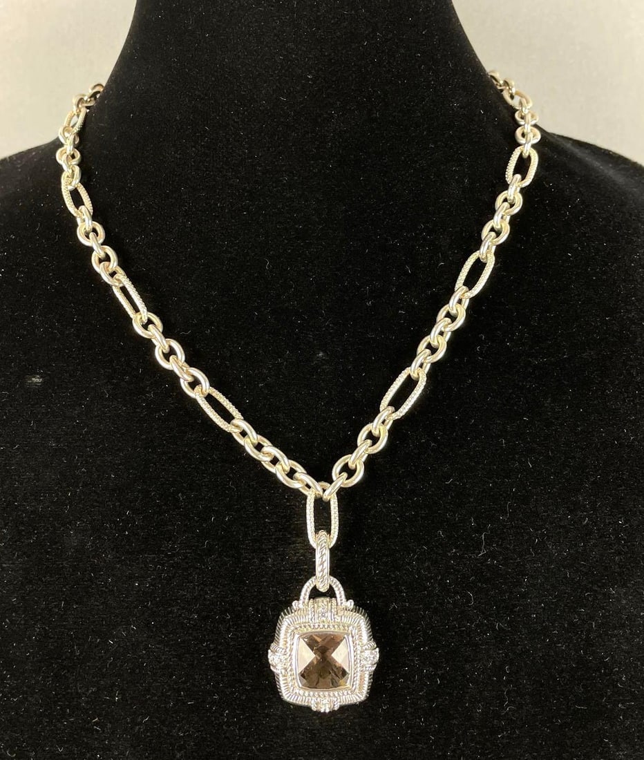 Judith Ripka Sterling Silver Necklace with Smoky Quartz and CZ Pendant: Signed on back of pendant, 18 1/2" chain, original box