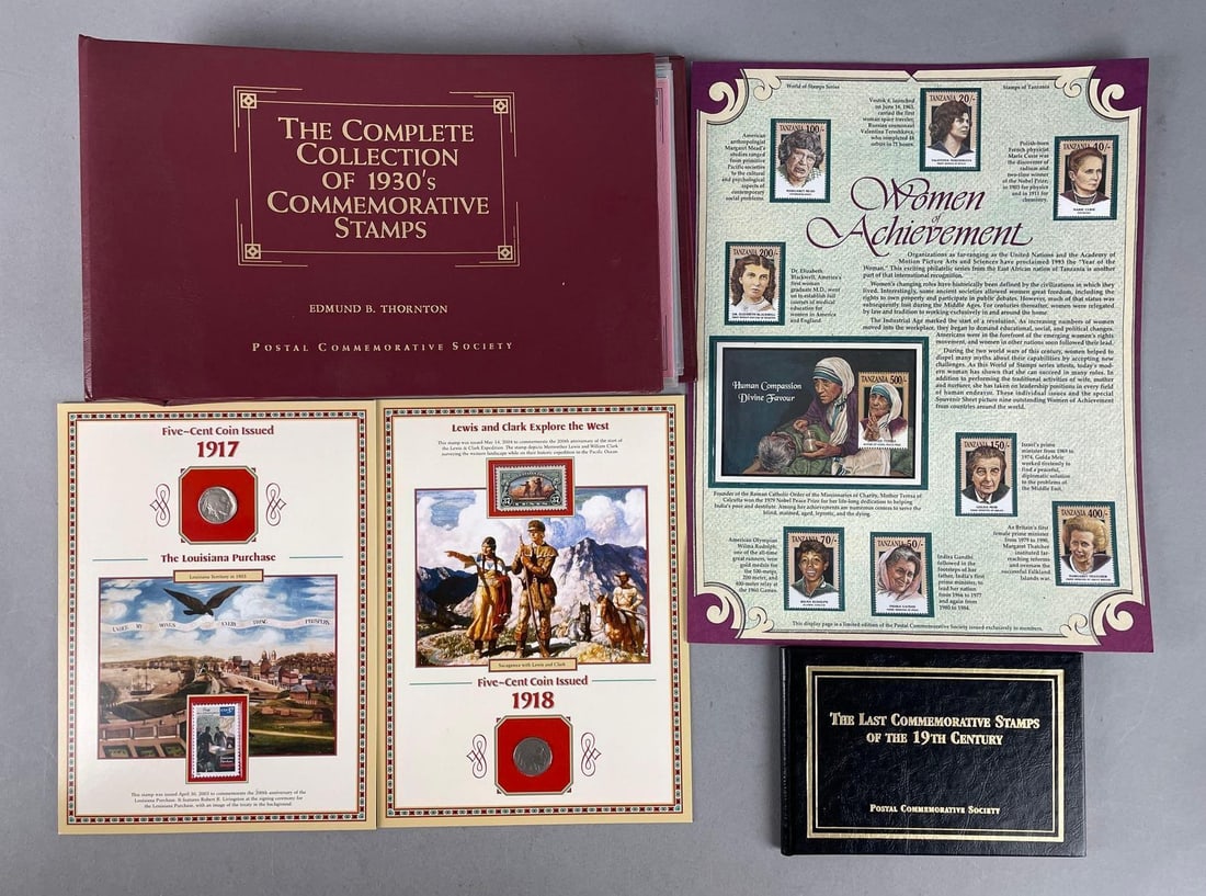 Group of Postal Commemorative Society Stamps: Includes 5¢ coin issues, complete collection of 1930s commemorative stamps, women of achievement and more