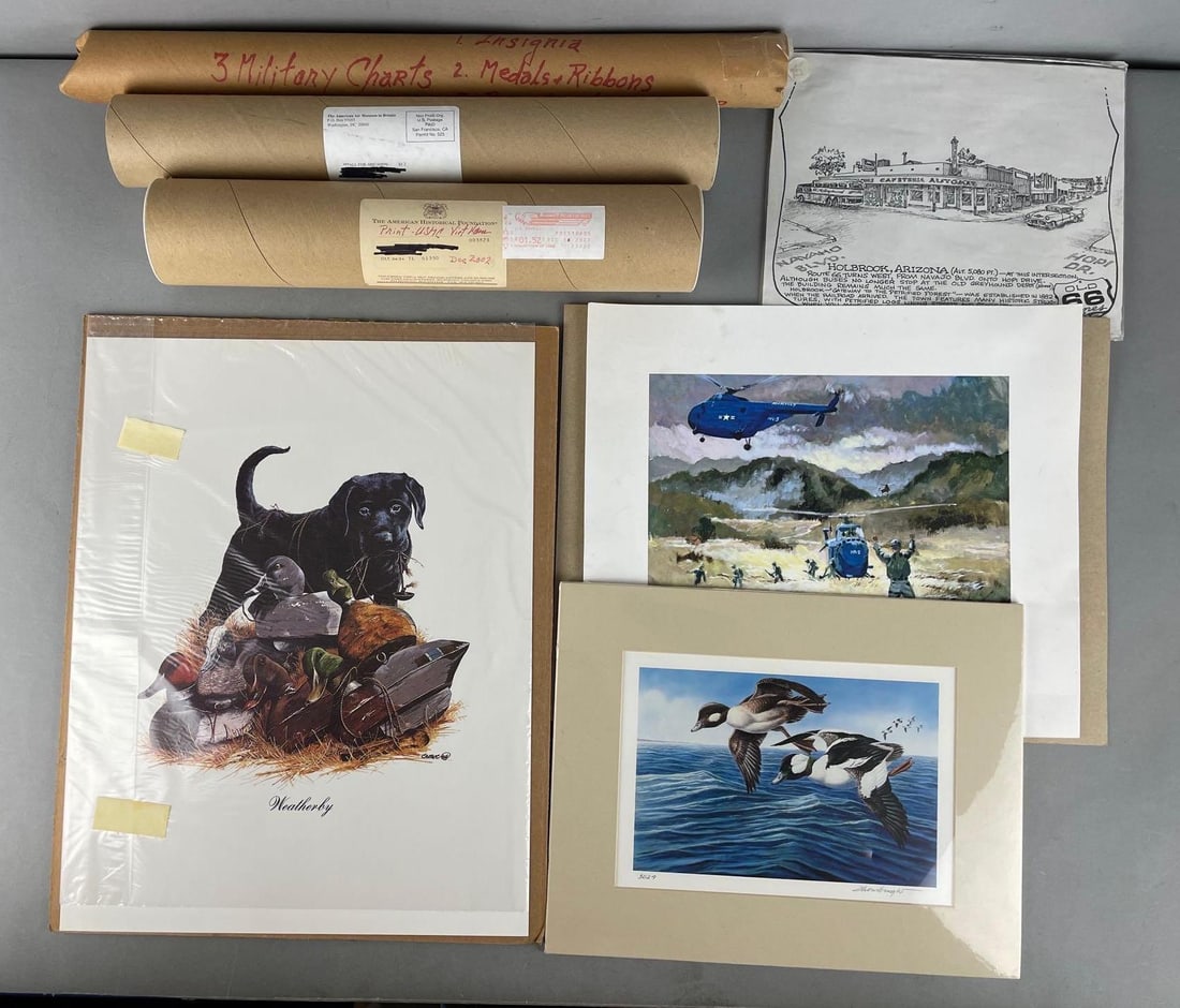 Group of Military and Hunting Lithographs: Includes Weatherby hunting dog, military charts, USMC Vietnam, largest measures 18" x 14"