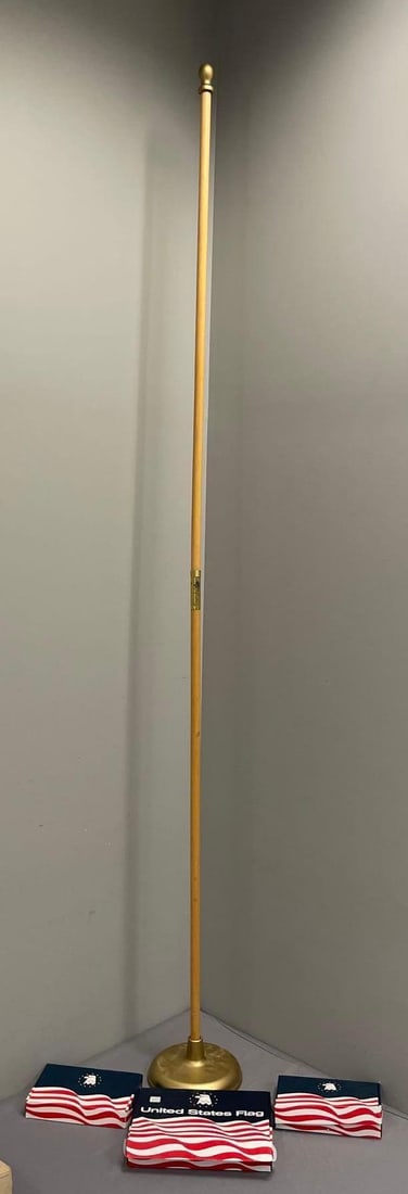 Group of American and Marine Corps Nylon Flags: 3' x 5', includes 8 foot wood pole with base